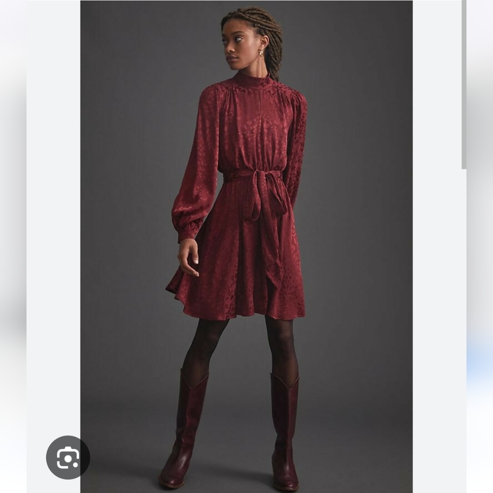 Anthropologie Jacquard Mini Dress Wine Medium